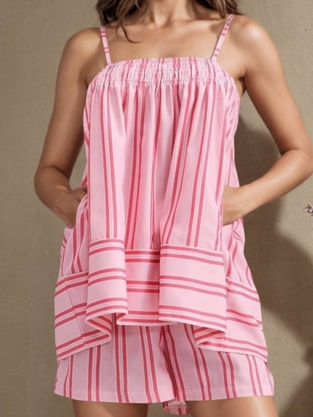 NWT Women's 2 Piece Pink Striped Spaghetti Strap Top & Shorts Set  (0075)